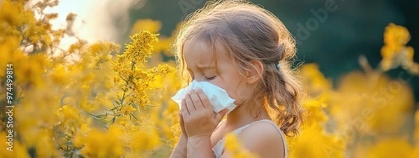 Fototapeta a child sneezes into a tissue on a background of ambrosia. Selective focus