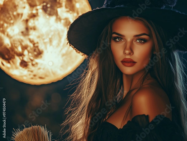 Fototapeta A beautiful, charming witch, close-up, in a hat holding a broom and in the background full moon, at night. Halloween.