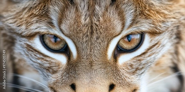 Fototapeta Ultra-close macro shot of lynx's piercing gaze, capturing sharp details of fur and bright amber eyes