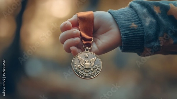 Fototapeta Child's Hand Holding a Medal: A small child's hand holding a large medal, with a focus on the innocence and pride of the moment. 
