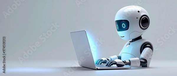 Fototapeta Robot chat bot is using computer laptop, copy space for text, banner. Digital background, futuristic smart technology concept, control by artificial intelligence