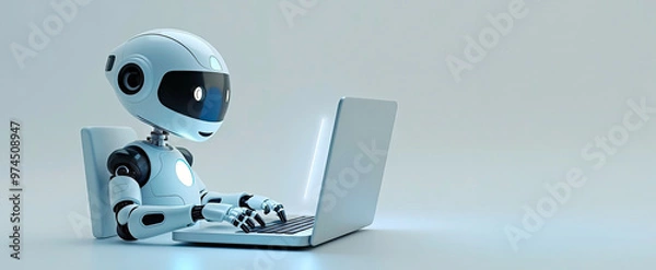 Fototapeta Robot chat bot is using computer laptop, copy space for text, banner. Digital background, futuristic smart technology concept, control by artificial intelligence