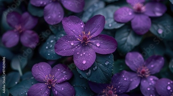 Fototapeta Delicate purple flowers drenched in morning dew, creating a serene garden atmosphere at dawn. Generative AI