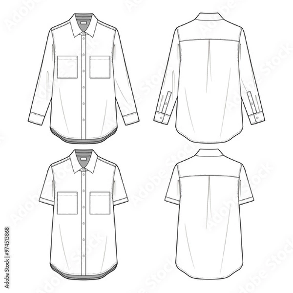 Obraz Technical vector flat sketch of a relaxed-fit button-down shirt design template. Front and back views of a white shirt mock-up.