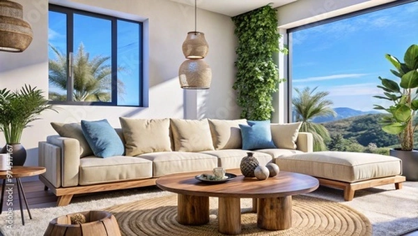 Obraz Boho interior design of modern living room, home. Live edge coffee table near beige sofa.
