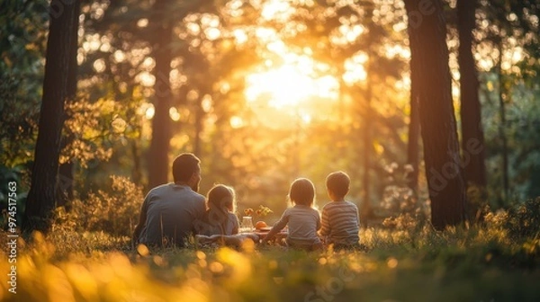 Fototapeta A family enjoying a picnic in a forest, surrounded by nature, emphasizing the beauty of preserving natural environments.