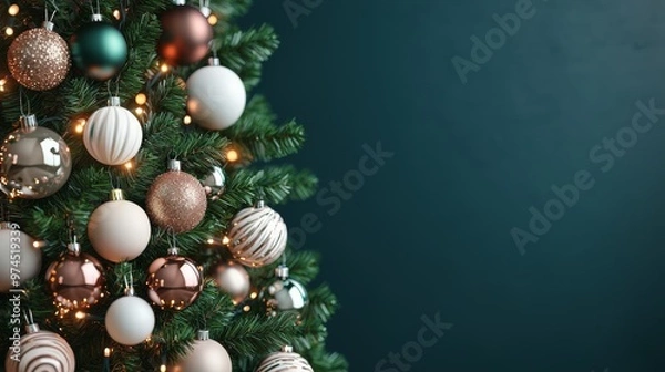 Fototapeta Decorated Christmas Tree with Ornaments and Lights on Teal Background