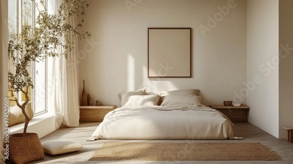 Fototapeta A minimalist bedroom with a neutral palette, luxury linens, and simple decor, capturing the essence of quiet luxury and restful simplicity.