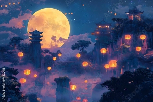 Fototapeta A night scene of a Mid-Autumn Festival lantern display.