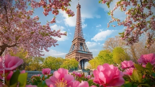Obraz The Eiffel Tower surrounded by spring blossoms, with colorful flowers framing the landmark and adding a touch of natural beauty
