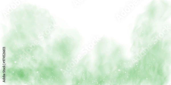 Fototapeta Fantastic green smoke background. Magic green smoke with glitter and small particles of twinkling stars. Fog with luminous particles. Green vapor with stardust. Morning fog over land or water surface,