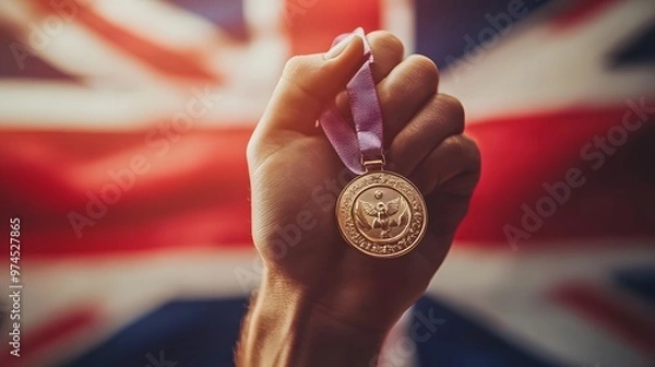 Fototapeta Hand Holding a Medal in Front of a Flag: A hand firmly gripping a medal in front of a national flag, symbolizing pride and achievement. 
