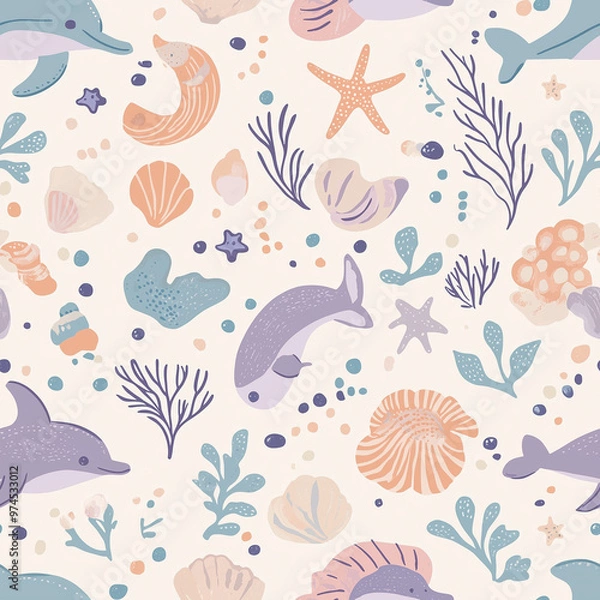 Fototapeta Charming underwater pattern with dolphins, seashells, and starfish on a light background