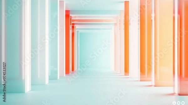 Fototapeta Futuristic corridor with vibrant color panels, illuminated by soft light, creating an ethereal atmosphere that invites exploration and wonder.