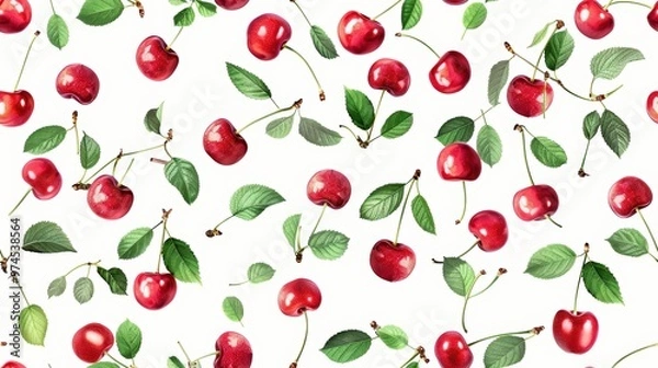 Fototapeta Watercolor cherries seamless pattern on white background. Fresh and fruity design concept.