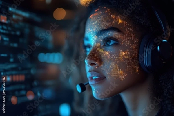 Fototapeta diverse customer service team in hightech call center holographic displays