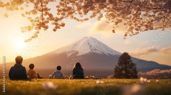 Obraz Morning Bliss: Visitors Enjoying a Picnic Under Cherry Blossoms with Mount Fuji Majestically Backdropping the Scene, Captured in Soft Golden Light