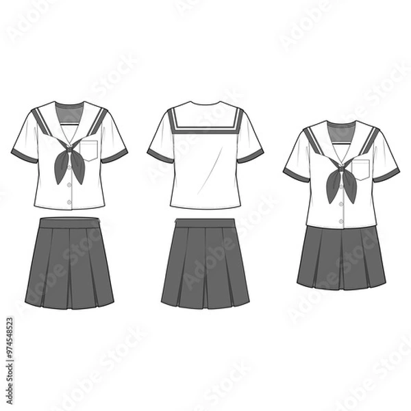 Obraz Technical flat sketch of a high school uniform design template. A sailor-collared shirt with a button-down front and large bow necktie, paired with an inverted pleated mini skirt.