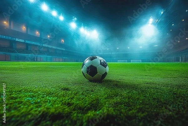 Fototapeta dramatic night soccer stadium floodlights illuminating lush green pitch classic black and white ball centered casting long shadow empty stands anticipation in the air