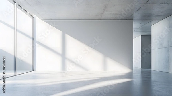 Obraz A clean white wall and smooth texture in a minimalist interior, featuring an empty room with concrete floors, showcasing modern design aesthetics and stark contrasts in architectural photography.