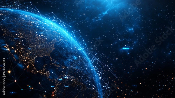 Obraz Continents connected by data at night create a glowing planet earth