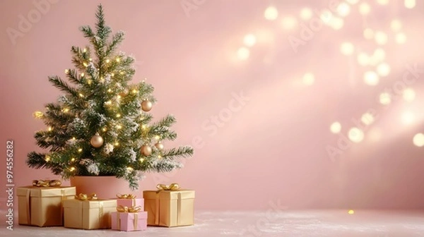 Fototapeta A decorated Christmas tree with a soft pink background, golden gift boxes, and warm fairy lights, creating a cozy and elegant holiday atmosphere with minimalist decor.