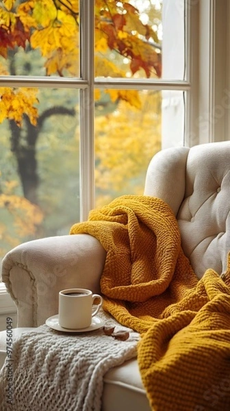Fototapeta A cozy autumn scene with yellow blankets and a cup of coffee on an armchair by the window, inviting warmth for fall relaxation