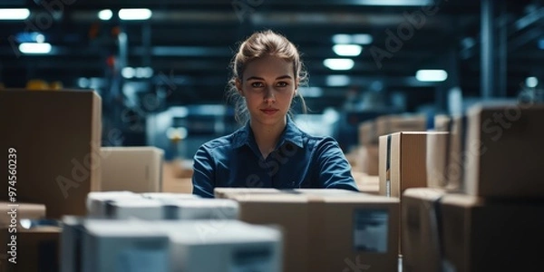 Fototapeta Focused woman in warehouse surrounded by packages, representing diligence and teamwork in logistics and supply chain operations.