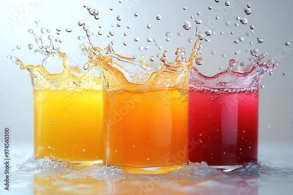 Fototapeta dynamic fruit juice splash frozen in time vibrant colors colliding midair droplets suspended crystalclear liquid sculpture against pure white backdrop refreshing energy captured