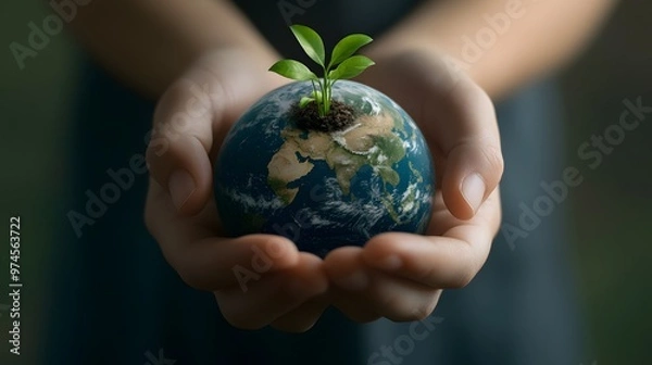 Fototapeta Hands Holding Earth with Growing Plants: Hands holding the Earth, with small green plants sprouting from its surface, symbolizing growth and renewal.
