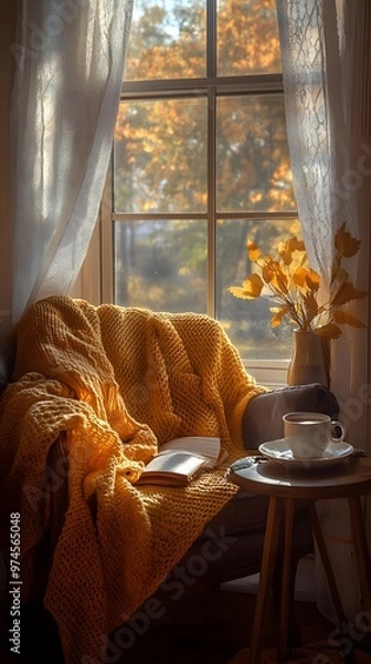 Fototapeta A cozy autumn scene with yellow blankets and a cup of coffee on an armchair by the window, inviting warmth for fall relaxation