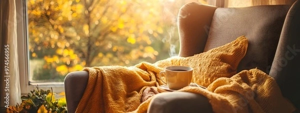 Fototapeta A cozy autumn scene with yellow blankets and a cup of coffee on an armchair by the window, inviting warmth for fall relaxation