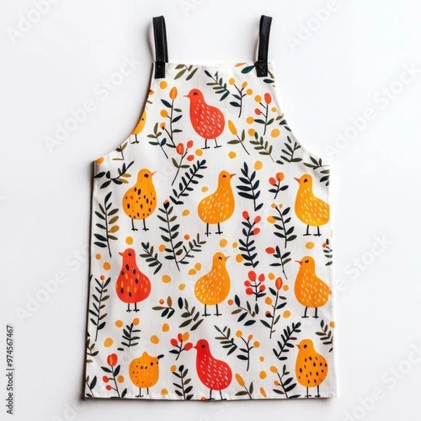 Fototapeta Colorful apron featuring cheerful bird patterns, perfect for cooking or crafting. Adds fun and style to your kitchen experience.
