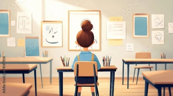 Fototapeta A young artist contemplates her next creation in a bright, inspiring classroom adorned with colorful drawings and art supplies, capturing the essence of creativity and imagination
