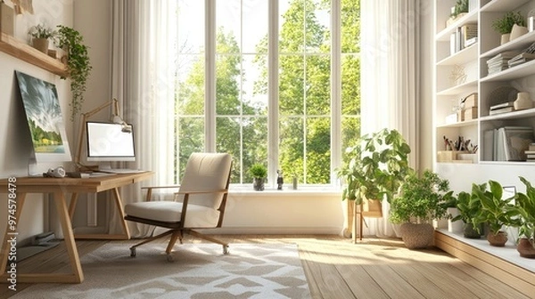 Fototapeta A bright home office with a large window and a comfortable reading chair
