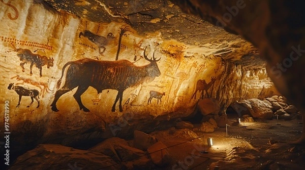 Fototapeta The ancient cave paintings of Lascaux, with detailed depictions of animals and symbols created by prehistoric artists. The scene captures the historical and cultural significance of these ancient 