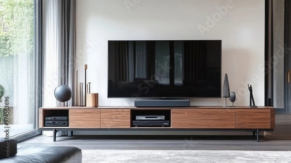 Fototapeta A contemporary media console with a large flat-screen TV and decor