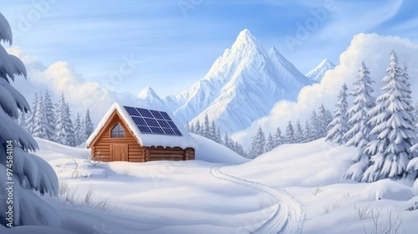 Obraz A cabin in the snow with a solar panel on it, AI