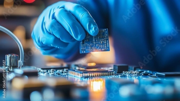 Obraz Worker wearing gloves testing electronic components with specialized equipment, electronic testing, quality verification