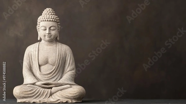 Fototapeta A serene Buddha statue symbolizing peace and spirituality against a dark background. Perfect for meditation and mindfulness themes.