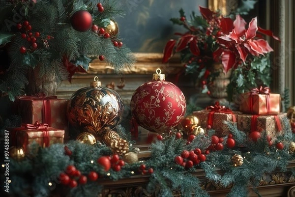 Fototapeta enchanting christmas scene with an array of elegantly decorated baubles wrapped gifts and seasonal ornaments rich colors and soft lighting create a warm inviting holiday atmosphere