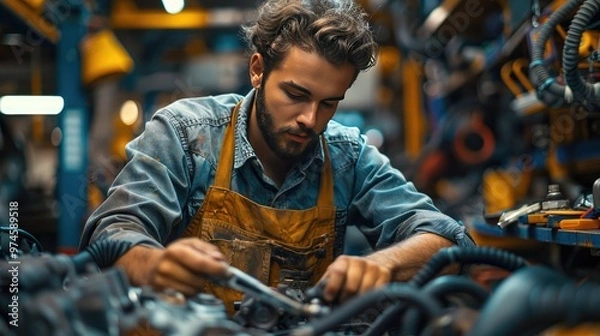 Fototapeta Mechanic working on an auto in a busy garage during the day