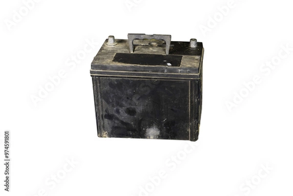 Fototapeta Closeup Old Car battery Expire on white background.Battery white background,isolation and clippingpath
