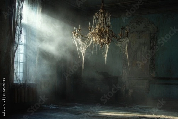 Fototapeta Sunlight illuminating cobweb-covered chandelier in abandoned room