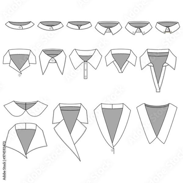 Obraz Various types of collars for womens' blouse.
A collection of neckbands and collars.
Hand-drawn collar and shirt neckline vector illustrations for clothing and fashion items.