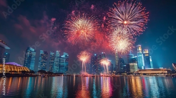 Fototapeta New Year's Eve 2025: Fireworks Illuminate City Skyline