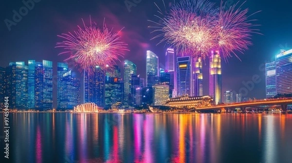 Fototapeta New Year's Eve 2025: Fireworks Illuminate City Skyline with Cheers