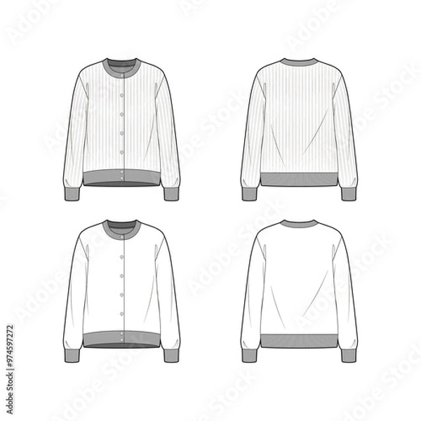 Obraz Technical sketch of a knit cardigan design template. Cardigan mock-up. Round-neck button-down placket jumper with ribbed trims. Fashion graphic top item.