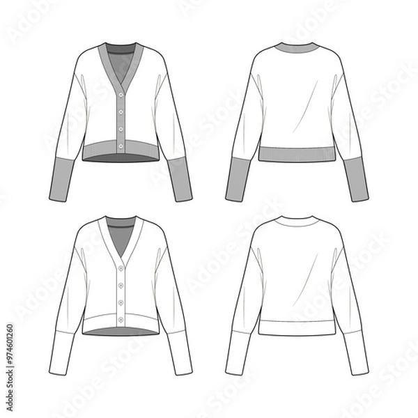 Obraz Technical sketch of a knit cardigan design template. V-neck button-down placket jumper with ribbed trims and long cuffs. Fashion graphic top item.