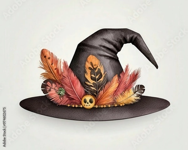 Fototapeta A creative witch hat adorned with colorful feathers and a spooky skull, perfect for Halloween-themed designs.